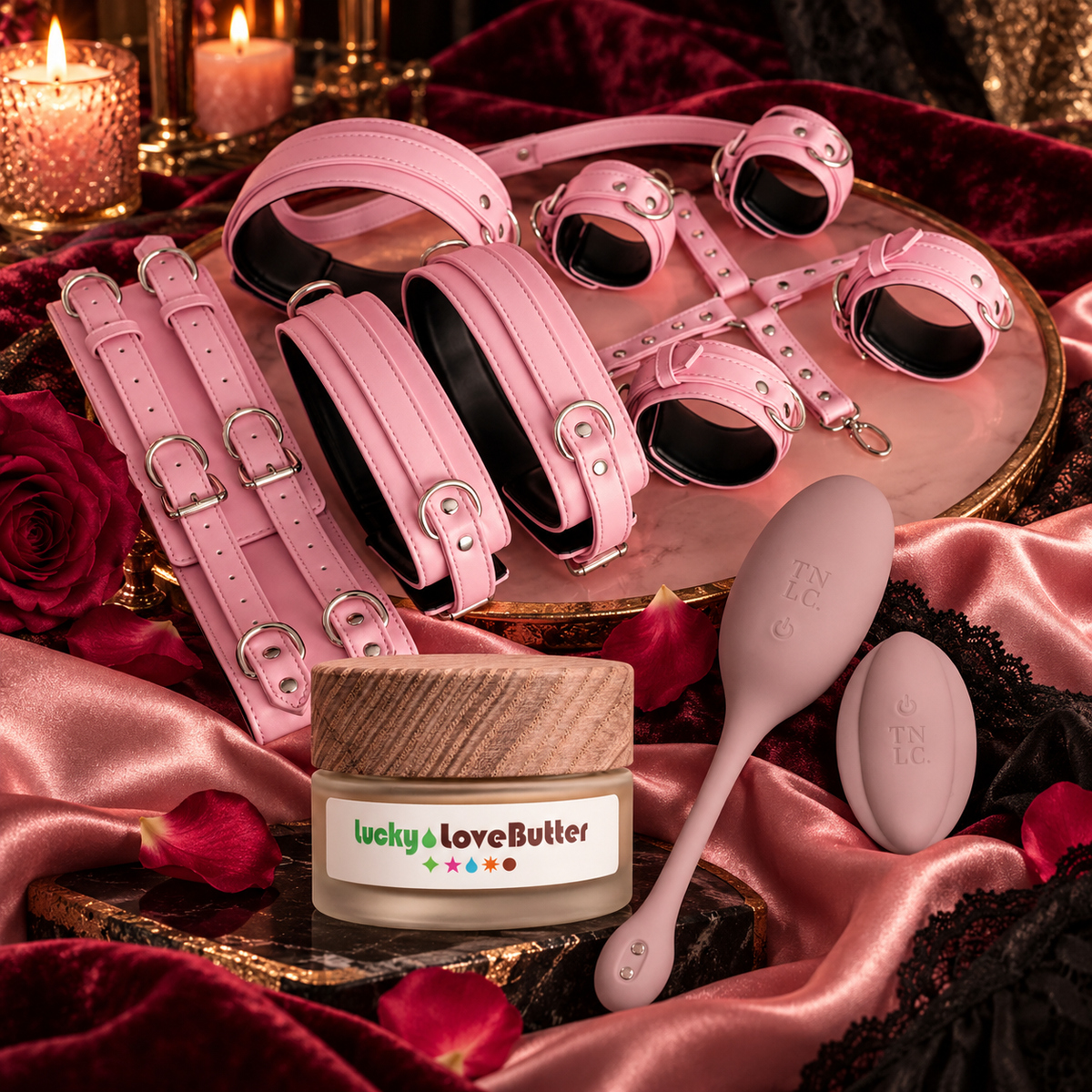 The Midnight Goddess luxury gift set on burgundy velvet and pink satin