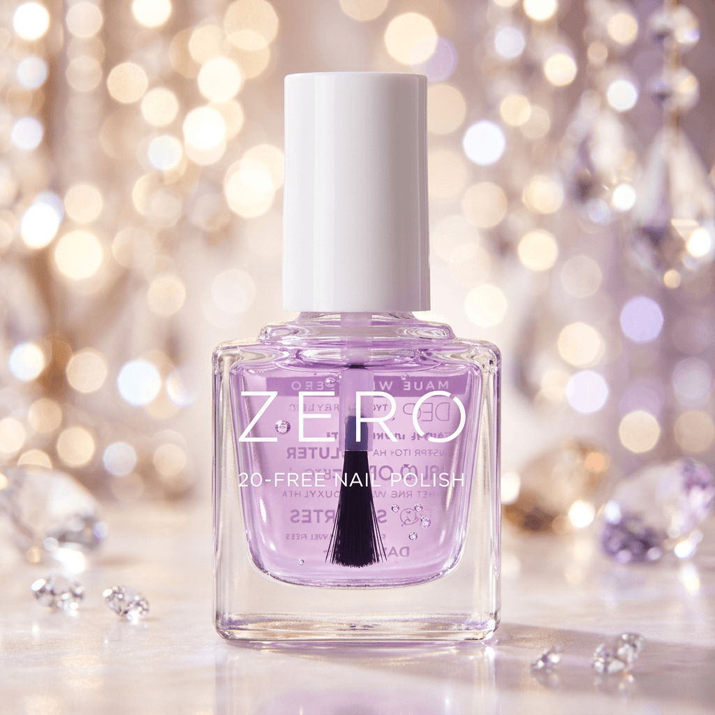 Purple nail polish bottle with white cap on a blurred festive background