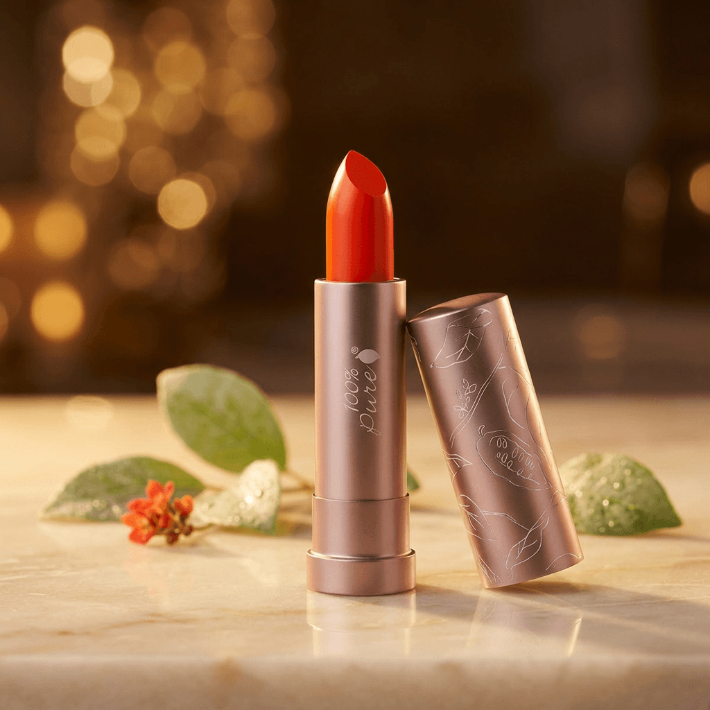 Lipstick with brown case on a wooden surface with blurred lights in the background