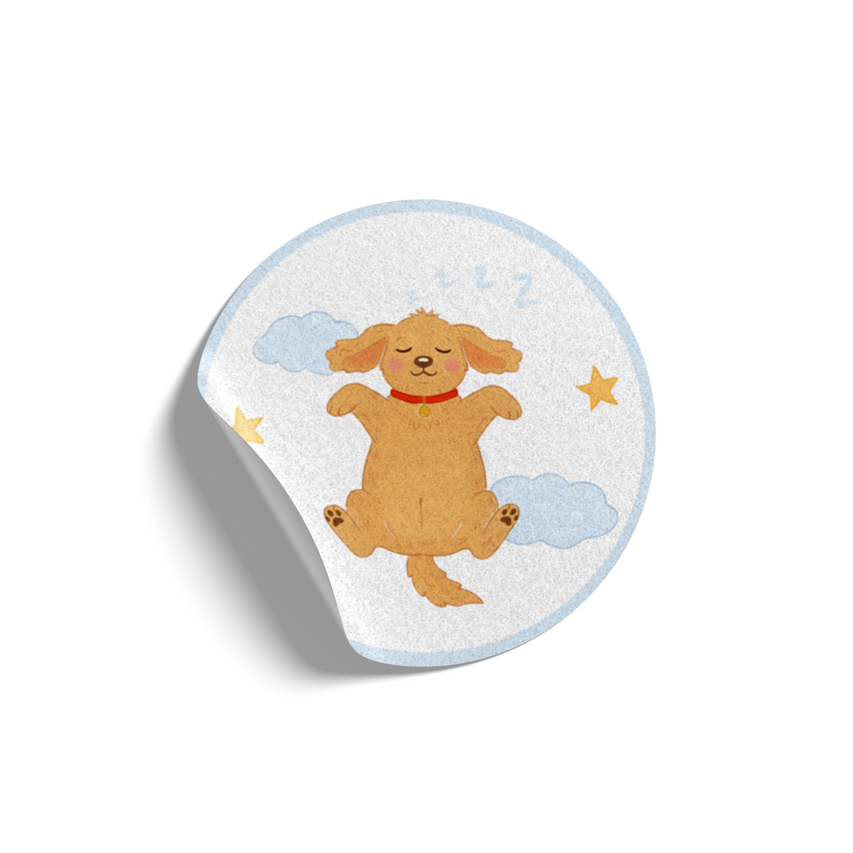 Aromatherapy sleep sticker for kids featuring a playful golden puppy with clouds and stars, promoting a soothing bedtime routine.