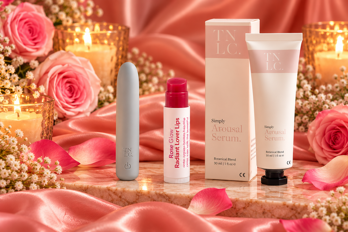 The Little Secret gift set featuring grey Elemi bullet vibrator, Rose Glow Lover Lips and Simply Arousal Serum in romantic blush satin setting