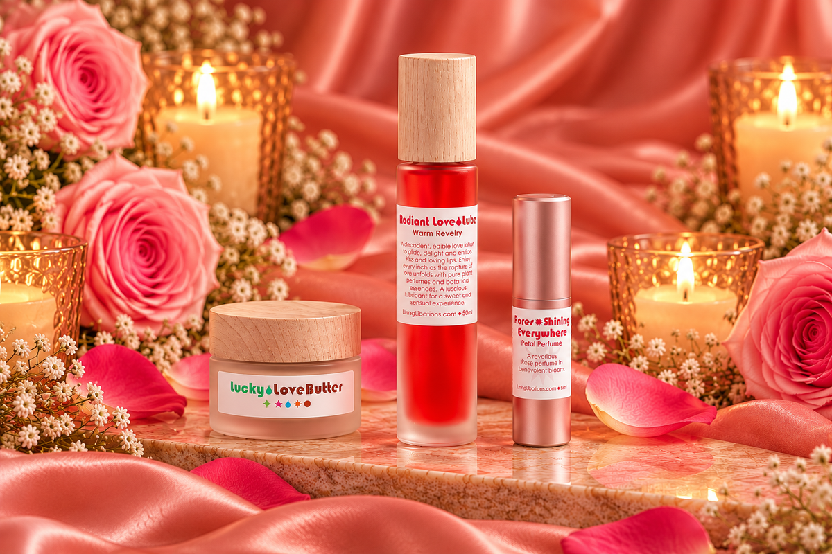The Love Ritual gift set featuring Lucky Love Butter, Radiant Love Lube and Roses Shining Everywhere Petal Perfume in a romantic rose and satin setting