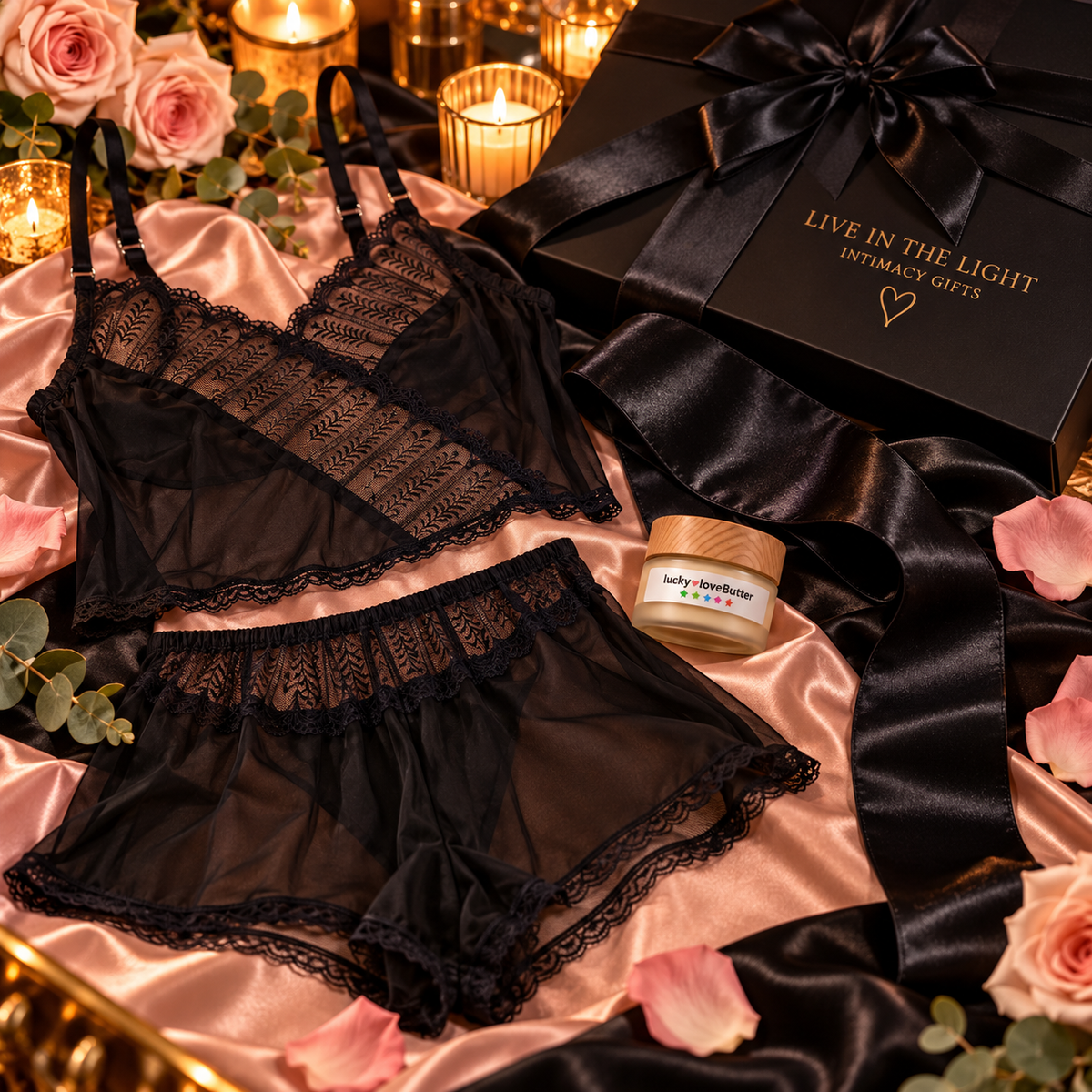 The Velvet Affair gift set with WHISPER black mesh and lace lingerie, Kanuka black satin blindfold and Living Libations Lucky Love Butter on blush satin