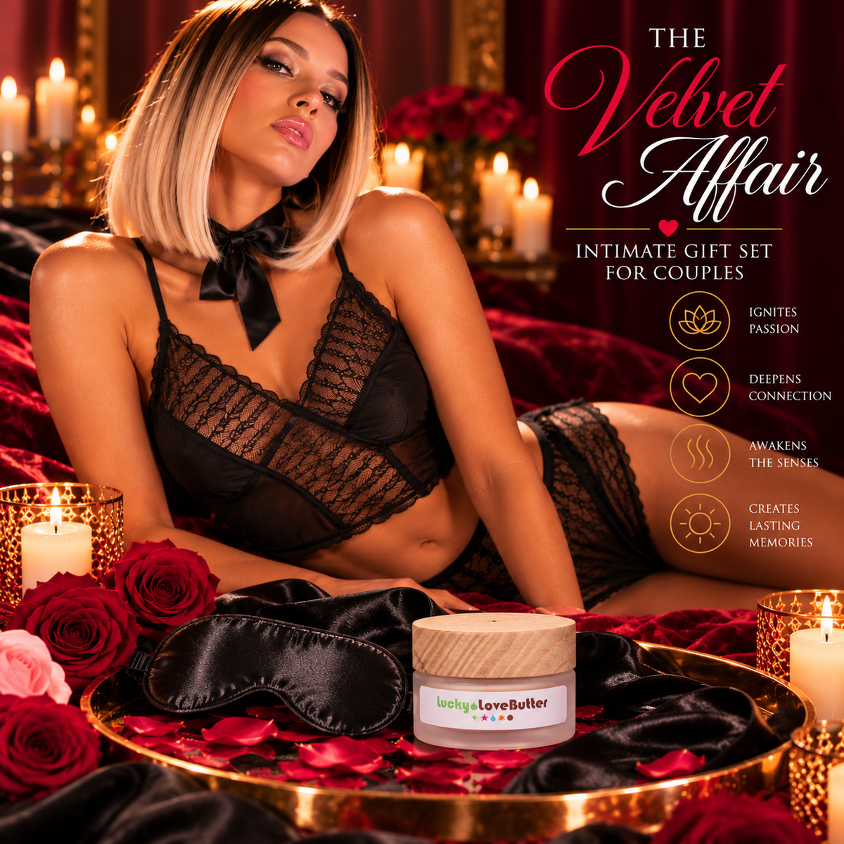 The Velvet Affair gift set featuring black lace lingerie, black satin blindfold and Living Libations Lucky Love Butter