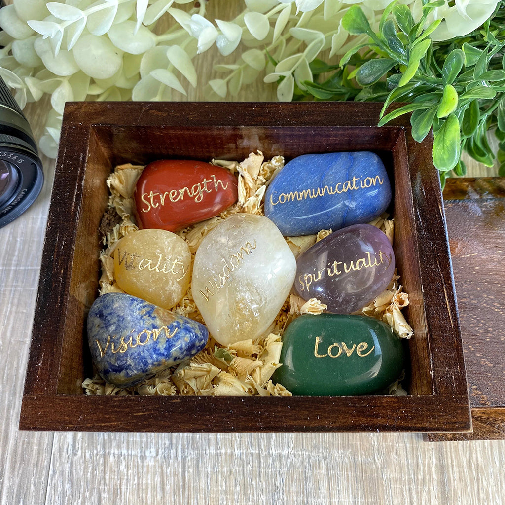 Seven Chakra Stones, engraved & in a Wooden Box - Handmade by Brazil Gems