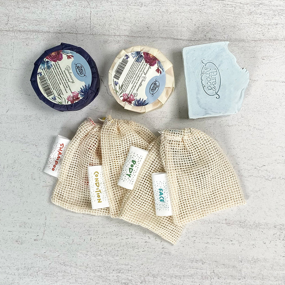 ORGANIC SOAP SAVER BAGS: Face, Body, Shampoo, Conditioner & Hair & Soap Bars Set