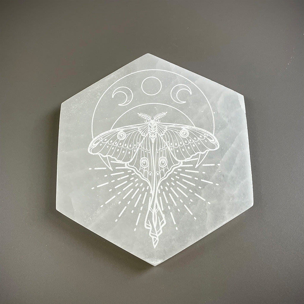 Selenite Hexagon Crystal Charging Plate - "Luna Moth"