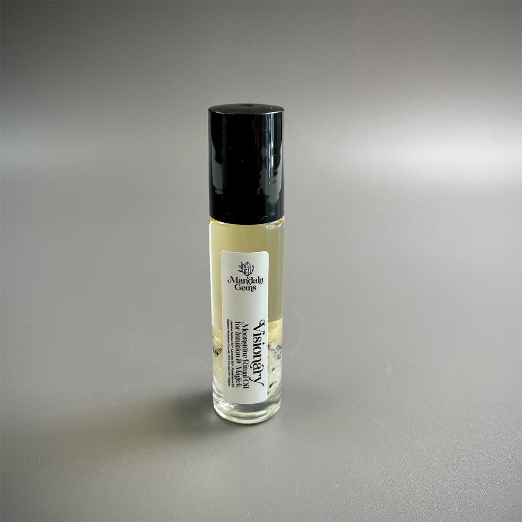 Rouleau d&#39;huile de parfum VISIONARY JASMINE avec cristaux Rainbow MOONSTONE